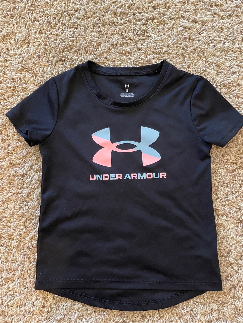 Under Armour Girls' Black Tee with Pink & Light Blue Logo - Size 5